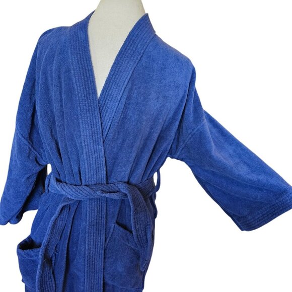Mens 80s Terrycloth Robe Blue Size S/M Cotton USA Knee Length Pockets Retro - Picture 2 of 8
